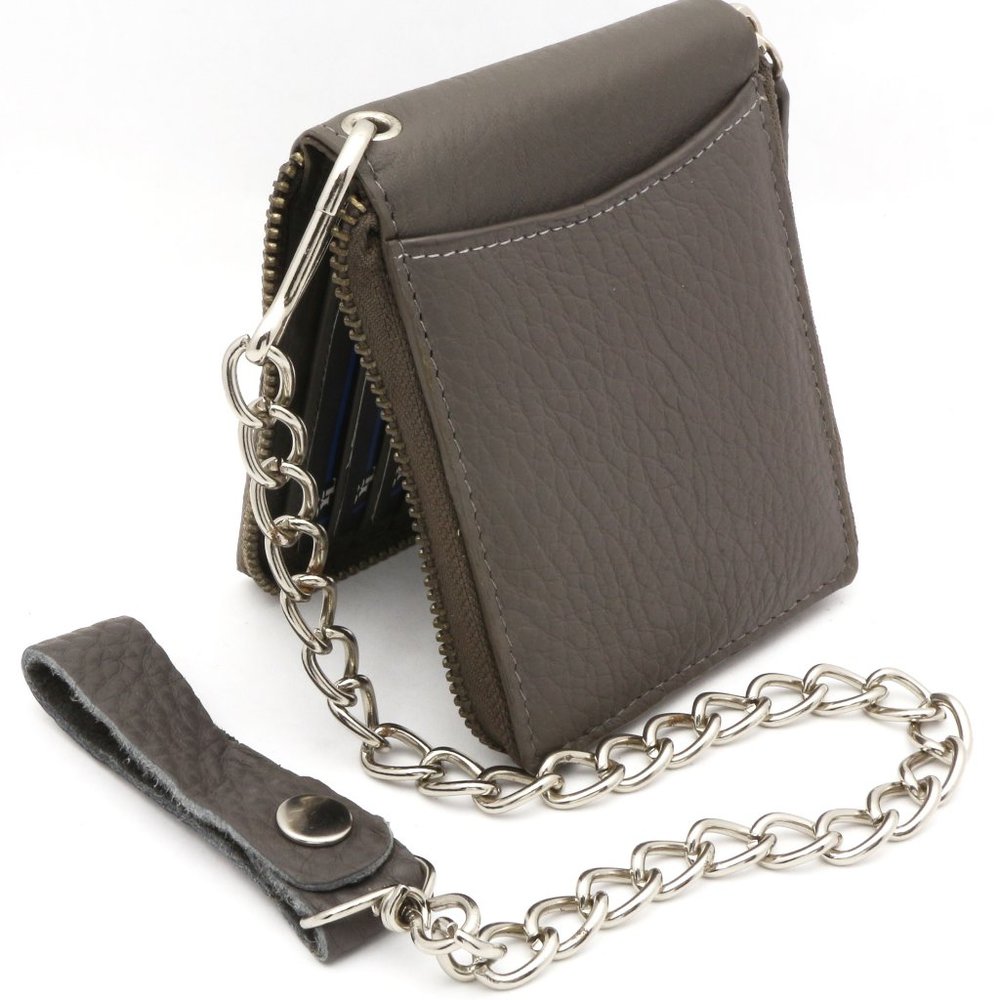 Bifold Genuine Leather Gray Wallet with Chain